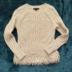 BR Italian Yarn Merino Alpaca Cable Knit Fringe Long Sleeve Sweater